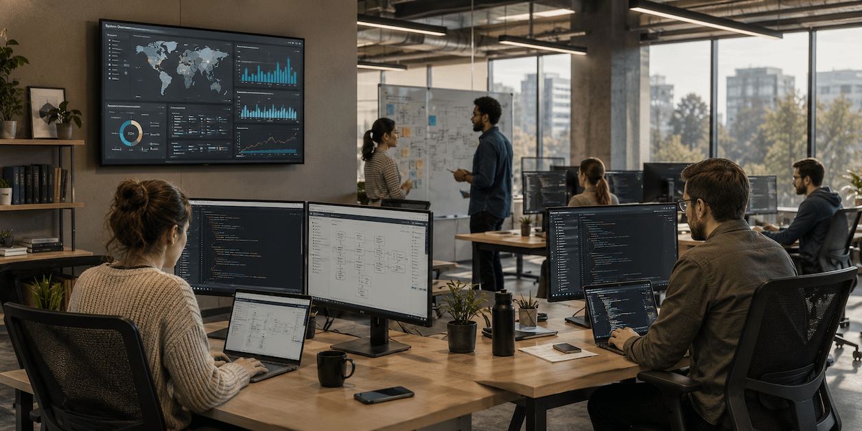 Building operations staff securely monitoring facility automation systems.