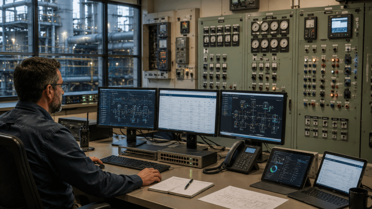 Facility technician managing industrial controls via secure edge interface.