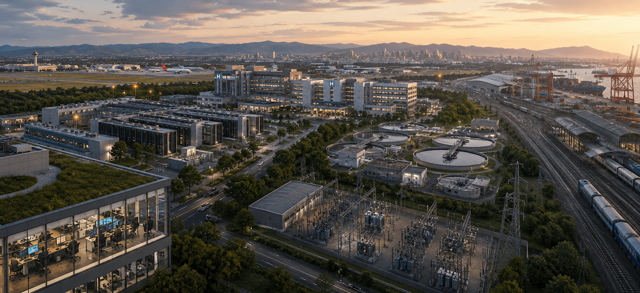 Securing Critical Infrastructure at scale as illustrated with a connected commercial real estate skyline